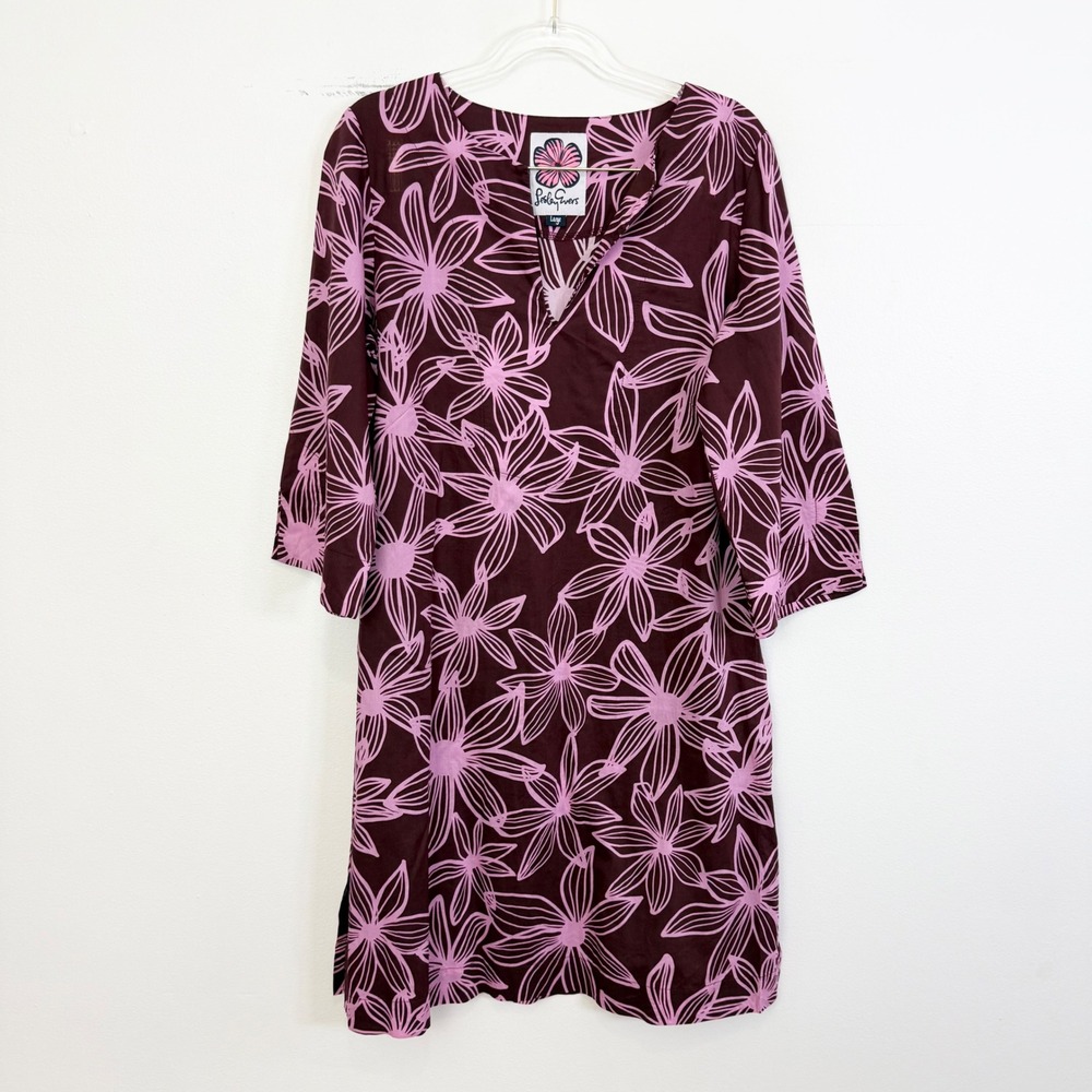 Lesley Evers Burgundy Pink Floral Cotton Shift Dress Large Made USA